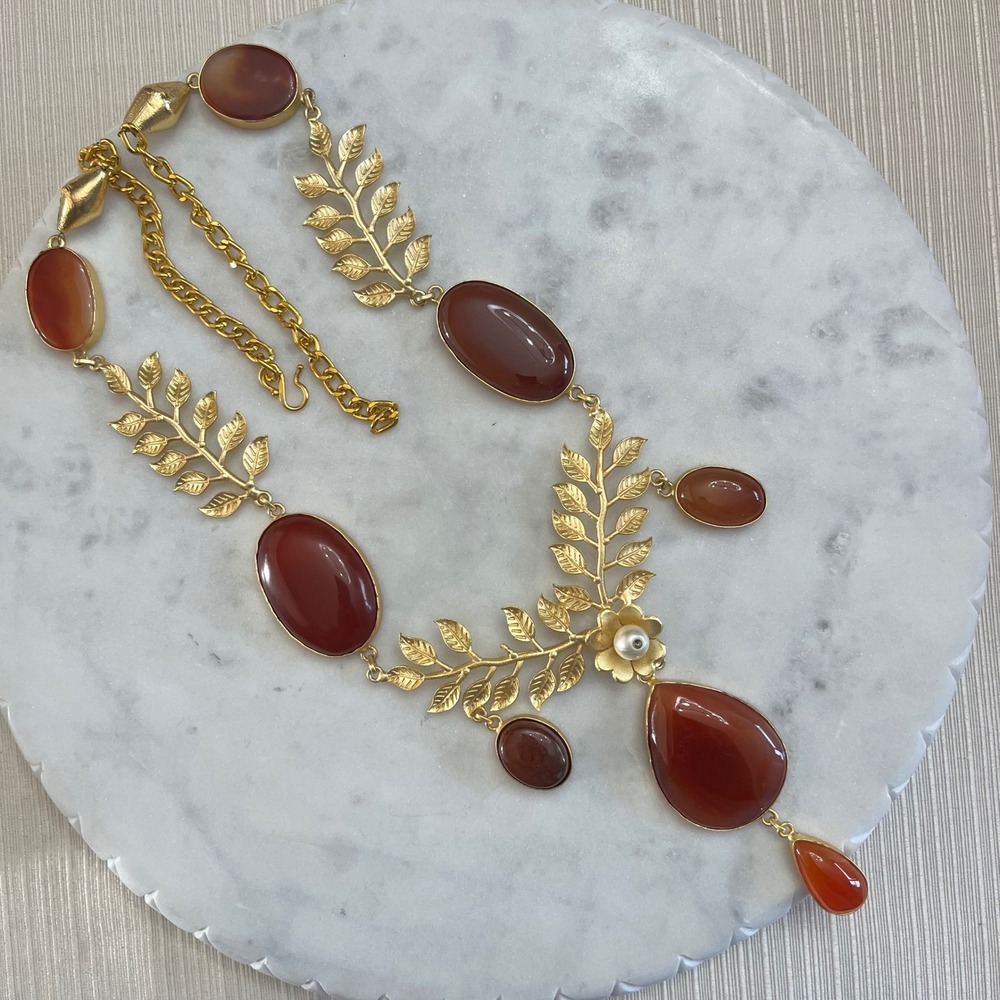 Vintage Style Statement Necklace Gold Tone Greece Leaf Carnelian Boho Jewelry